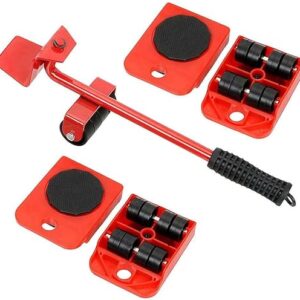 OUYAWEI Portable Furniture Mover Tool Set - 4-Wheeled Roller & Lifter Bar for Heavy Items | Red Hand Tools Set for Easy Furniture Transport